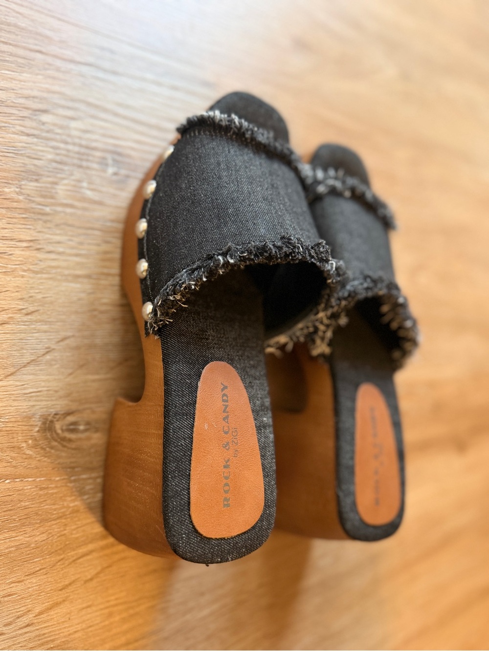 Rock & Candy Black Frayed Denim Y2K Platform Slides 90s Fashion - Picture 5 of 5